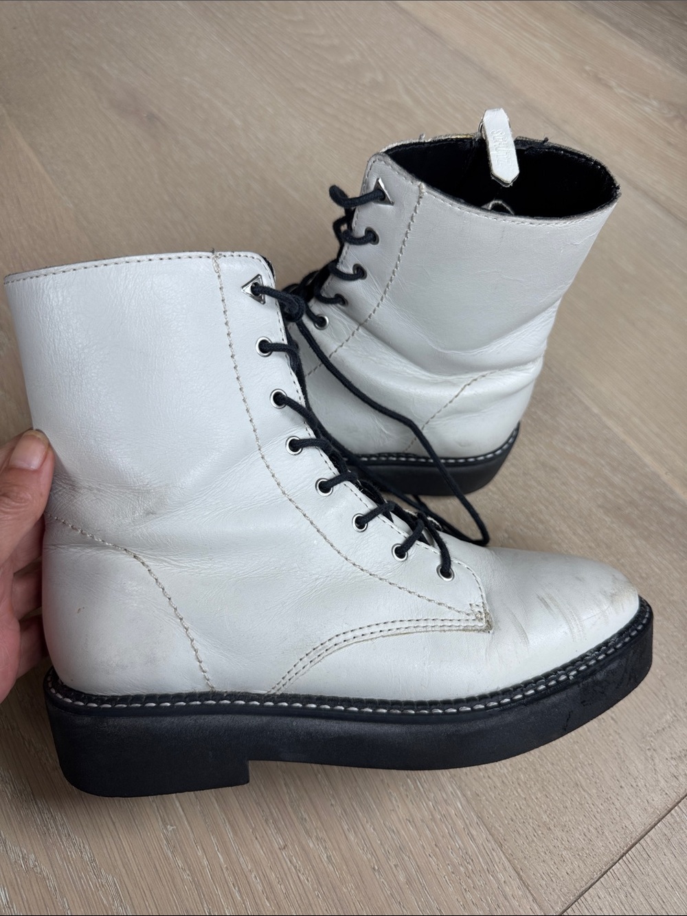 SCHUTZ White Leather Lace-Up Combat Boots with Black Sole
